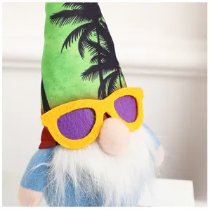 Hawaiian summer gnome plush toy with palm tree hat and sunglasses for home decor wholesale.
