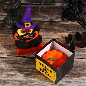 Halloween creative gift box set with plush black cat and cute pumpkin ornament for decor.