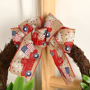 American Independence Day Burlap Bow Wreath Red Blue Truck Patriotic Door Hanging Decor