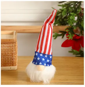 American Independence Day patriotic gnome plush doll with star stripe tall hat decor detail.