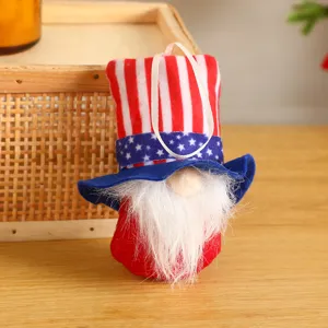 American Independence Day gnome hanging ornament with red white blue striped hat and beard.
