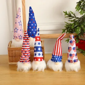 Independence Day Gnome Faceless Doll Decoration Lighted American Flag Patriotic Gnome Ornament Star Stripes Pointy Hat Plush Doll