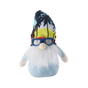 Peluche gnomo da spiaggia estivo con cappello di palma e occhiali glitterati per feste.