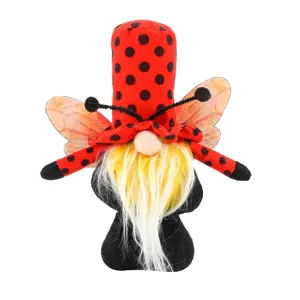 Cute ladybug gnome plush doll with red dotted hat and wings for festival home decor main view