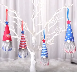 Detailed view of patriotic gnome hanging ornaments with stars and stripes for holiday decor.