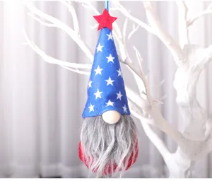 Independence Day gnome hanging ornament with blue star hat and grey beard for holiday decor.
