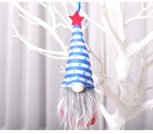 Independence day gnome hanging ornament with blue stripe hat and red star for holiday decor.