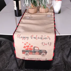 Valentine's Day Burlap Table Runner Red Black Buffalo Plaid Vintage Truck Home Decor