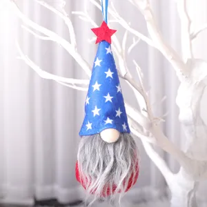 Patriotic gnome hanging ornament with blue star hat and grey beard for Independence Day decor.