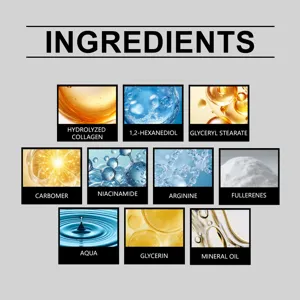 Collageen hydraterende nekcrème ingrediëntendetailkaart met belangrijke huidverzorgingselementen.