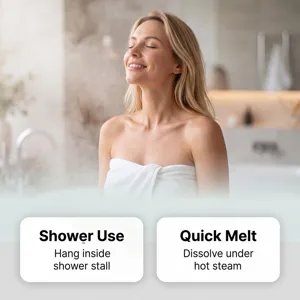 Shower steamer detail view showing quick melt and easy shower stall hanging features.