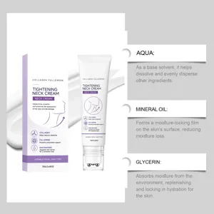 Collageen verstevigende halscreme detailinfografiek met actieve ingrediënten en roller.