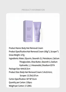 Detailed view of gentle body hair removal cream tube with scraper and packaging box specs.