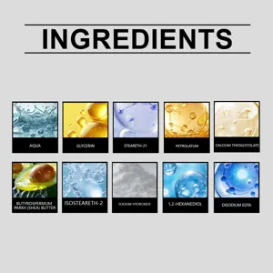 Ingredients details of hair removal cream showing safe and gentle formula components clearly.