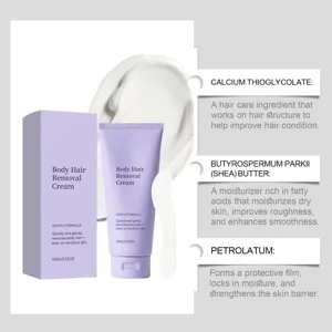 Gentle body hair removal cream detail showcasing active ingredients and 100g formula benefits.