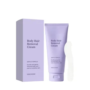 Gentle body hair removal cream with spatula, smooth skin formula 100g in purple tube packaging