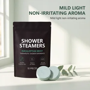 Shower steamer detail view, mint aroma, solid bath tablet for relaxing home spa experience.
