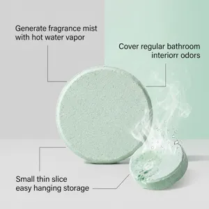 Shower steamer detail showing solid green tablet, hot water fragrance mist and odor removal.