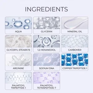 Gráfico detallado de ingredientes nutritivos para loción corporal con agua y péptidos.