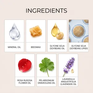 Ingredients detail infographic of natural rose scented massage body candle showing plant extracts.