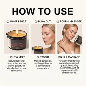 Instructional detail graphic showing how to use the nourishing rose massage candle step by step.