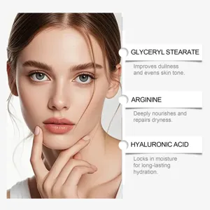 Body care cream detail view showing active ingredients like hyaluronic acid for hydration.