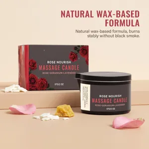 Rose scented massage candle detail view showing natural wax formula and ingredients.