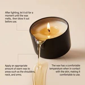 Detail view of black pouring massage candle showing melted warm wax texture and skin care use.