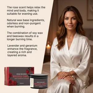 Rose nourish massage candle with natural soy and beeswax for relaxing skin care aromatherapy.