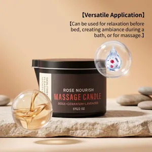 Rose nourishing massage candle featuring soothing rose, geranium, and lavender essential oils.