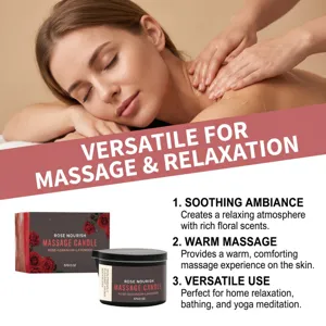Rose scented massage candle for body relaxation, moisturizing skin-friendly wax, soothing spa care.