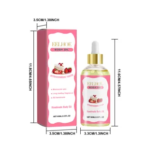 Vista dettagliata del flacone di olio corpo alla fragola EELHOE con chiare dimensioni.