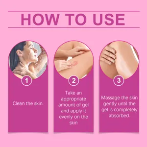 Guide d'utilisation détaillé montrant étape par étape l'application du gel et le massage.