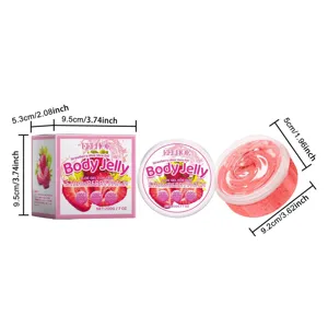 Vue détaillée du pot de gel corporel à l'aloe vera et fraise avec dimensions et texture.