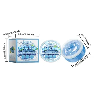 Gros plan détaillé du pot de gel corporel bleu à la myrtille avec dimensions claires pour les soins.