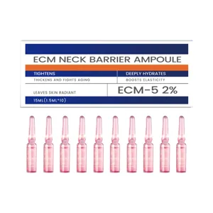 Primer plano detallado de diez ampollas de cuello de vidrio rosa con tarjeta descriptiva.