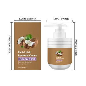Coconut oil facial hair removal cream detail view showing bottle and box dimensions clearly.