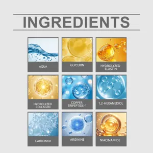Vista detallada de ingredientes activos con agua, glicerina, péptidos y niacinamida.