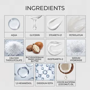 Facial hair removal cream ingredient detail chart, showing gentle formula and textures.