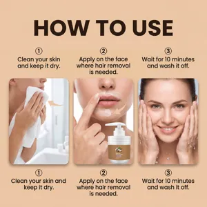 Facial hair removal cream usage instruction detail, gentle and clean skin care steps.