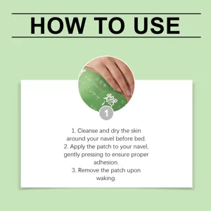 Detailed instruction graphic showing application steps for herbal navel patch and body care.
