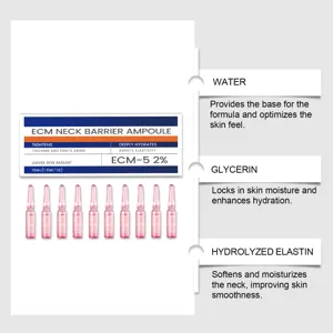 Vista detallada de ampolla para el cuello con ingredientes hidratantes clave como agua y glicerina.