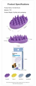 TPR pet bath brush detail view, ellipse design with massaging bristles and dimensions.