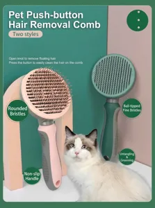 Pet self-cleaning slicker brush for dogs and cats, easy hair removal comb with rubber handle.