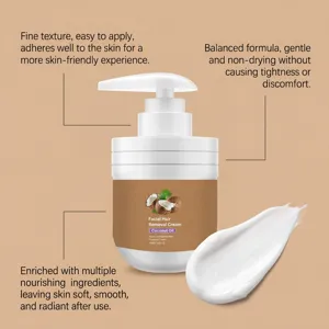 Gentle facial hair removal cream detail showcasing smooth cream texture and convenient pump design.