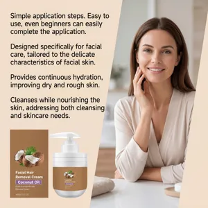 Gentle facial hair removal cream with coconut oil, designed for smooth, delicate facial skin care.