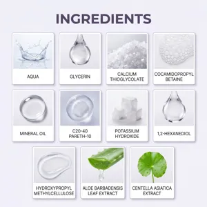 Detaillierte Zutatenübersicht der Haarentfernungsspray Formel mit Aqua, Glycerin und Aloe Vera.