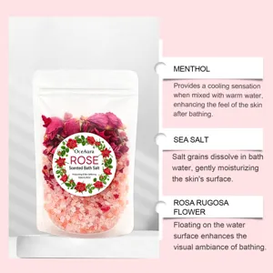OceAura rose dry flower bath salt details, natural ingredients for gentle body skin care.