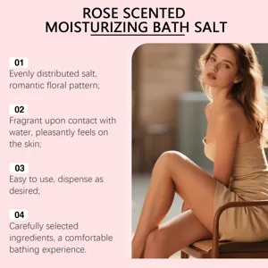 Rose scented moisturizing bath salt detail showing elegant model and natural ingredients benefits.
