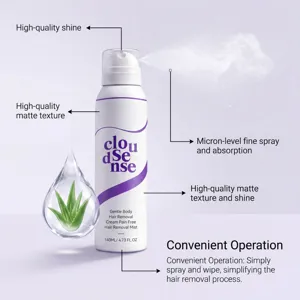 Detailansicht der sanften Haarentfernungssprühflasche mit feiner Sprühdüse und Aloe Vera Extrakt.